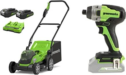 GreenWorks Tosaerba a Batteria G24X2LM36K2x, Li-Ion, 36 cm Larghezza Taglio Fino a 250 m², 5 Volte Regolazione dell'Altezza di Taglio Centrale + Smerigliatrice Angolare a Batteria GD24SAG