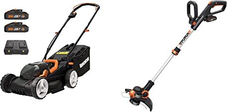 Worx WG779E.1 Tosaerba a Batteria 40V Rasaerba Elettrico da Giardino, Diametro Taglio 34 cm & WG163E.1 Decespugliatore Tagliabordi a Batteria 20V, stelo in Alluminio regolabile