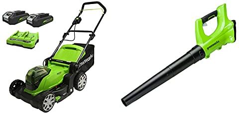 GreenWorks Tosaerba a Batteria Inclusa Li-Ion 2X24 V, Cesto 50L + Soffiatore Assiale Per Foglie a Batteria(Li-Ion 24V 160 km/h)