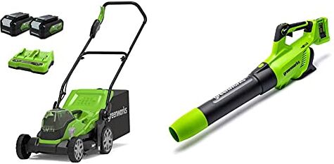 GreenWorks Tools Tosaerba a Batteria Li-Ion 2X24 V, Cesto 40 L + S Offiatore Assiale a Batteria Li-Ion 2X24 V, Senza Batteria