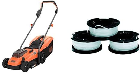 Black & Decker Tagliaerba a Batteria Litio Ampiezza taglio 33 cm, Capacità di raccolta 35 Litri, Impugnatura Ergonomica, 18 V, BCMW3318N-XJ & A6485-XJ Kit Tre Rocchetti Filo Nylon Reflex, Multicolore