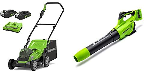 GreenWorks K2X Tagliaerba + Soffiatore Assiale a Batteria, Li-Ion 2X24 V Velocità D'Aria 217 km/h Con Controllo di Velocità Elettronico, Senza Batteria e Caricatore