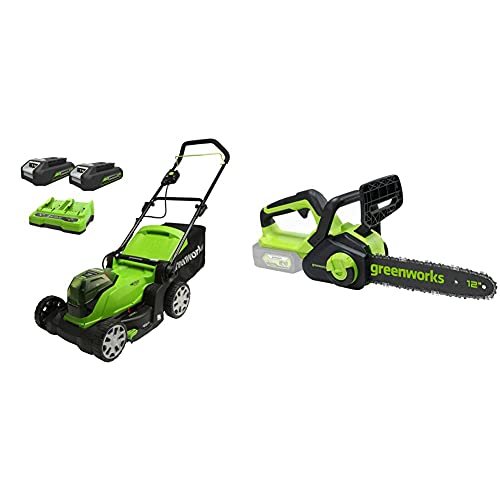 GreenWorks Tosaerba a Batteria Inclusa Li-Ion 2X24 V, Cesto 50L + Motosega a Batteria, Li-Ion 24V, Velocità Catena 7.8M/S, Lunghezza Barra 30cm, Senza Batteria e Caricatore