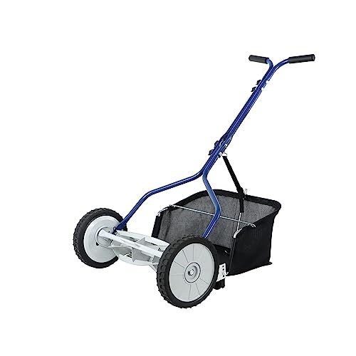 Amazon Basics Tosaerba a spinta con ruote e 5 lame da 45,7 cm, con sacchetto per raccolta dell’erba, blu