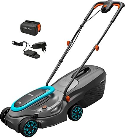 Gardena Rasaerba a batteria PowerMax 32/18V P4A Set pronto all’uso: fino a 200 m², larghezza taglio 32 cm, capacità 30 l, regol. centrale altezza taglio, motore PowerPlus modalità Eco ()