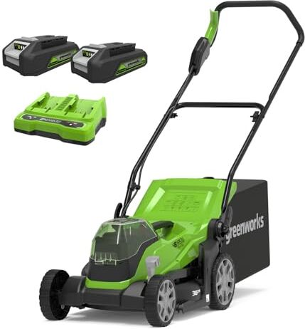 GreenWorks G24X2LM36K2X Tagliaerba a Batteria per Prati Fino a 210m², Ampiezza di Taglio 36cm, Sacca da 40L CON Due Batterie 2 x 24V (Pari a 48V) & Caricabatterie Doppio, Garanzia 3 Anni