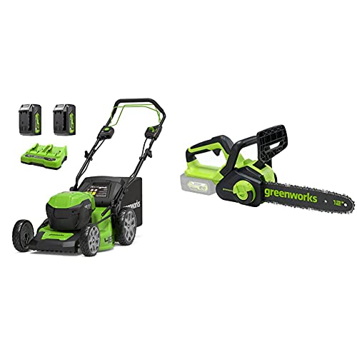 GreenWorks Tosaerba a Batteria Inclusa (Li-Ion 2X24 V), 55L Cesto + Motosega a Batteria, Li-Ion 24V, Velocità Catena 7.8M/S, Lunghezza Barra 30cm, Senza Batteria e Caricatore