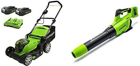 GreenWorks Tosaerba a Batteria Li-Ion 2X24 V, Raccoglierba 50Lcon 2 Batterie Da 2Ah e Caricabatterie + Soffiatore Assiale a Batteria, Senza Batteria e Caricatore