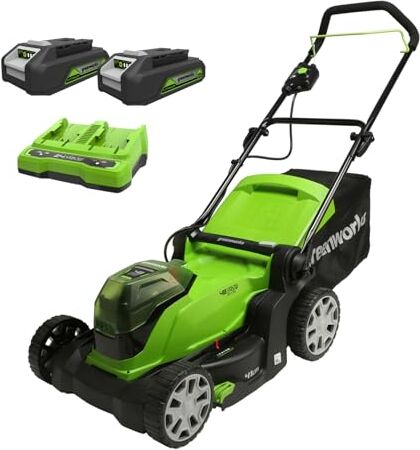 GreenWorks G24X2LM41K2X Tagliaerba a Batteria per Prati Fino a 220m², Ampiezza di Taglio 41cm, Sacca da 50L, CON Due Batterie 2 x 24V (Pari a 48V) 2Ah e Caricabatterie Gemellare