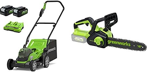 GreenWorks Tools Tosaerba a Batteria Li-Ion 2X24 V, Cesto 40L + Motosega a Batteria, Li-Ion 24V, Velocità Catena 7.8M/S, Lunghezza Barra 30cm, Senza Batteria e Caricatore