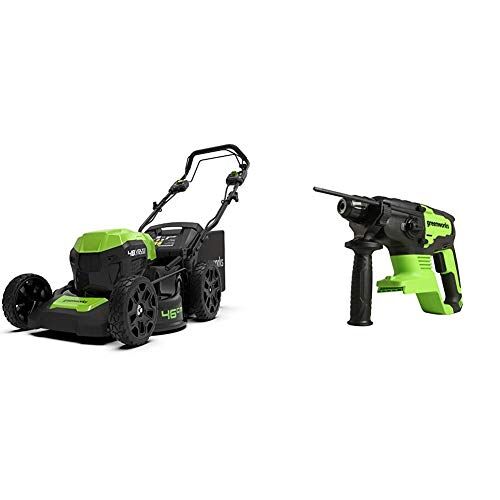 GreenWorks Tosaerba a Batteria GD24X2LM46SPK4X Li-Ion 2x24V 46 cm Taglio, Fino a 480m², 55L Box Raccoglierba, a 7 Pieghe Regolazione dell'Altezza + Tools 3803007 Martelli perforatori, 24 V