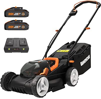 WORX 36V (40V MAX) Tagliaerba Tosaerba a Batteria , Rasaerba Elettrico con 2 Batterie 2,5Ah, Larghezza di Taglio 34 cm, 6 Regolabile in Altezza di Taglio 20-70mm, Caricatore Doppio