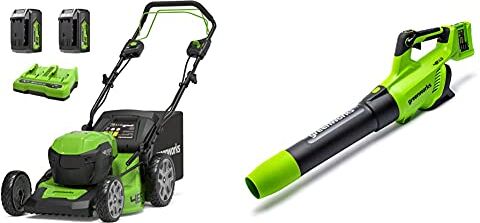 GreenWorks Tosaerba a Batteria Inclusa (Li-Ion 2X24 V), 55L Cesto + Soffiatore Assiale a Batteria, Senza Batteria e Caricatore