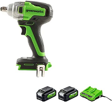 GreenWorks Tools Clé à chocs sans fil (Li-Ion 24V 400 Nm couple 2800 tours/min clé à douille 1/2 pouce entraînement carré puissant moteur) & 2x Batteria G24B4 & Caricabatterie Universale G24X2UC2