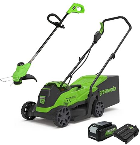 GreenWorks Tools Tosaerba Elettrico, 24V, 33 Cm, 30L Scatola Raccoglierba E Tagliabordi 25Cm, Nero Verde