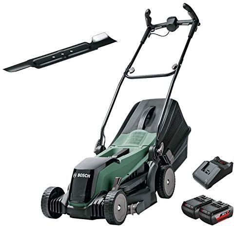 Bosch Rasaerba a Batteria EasyRotak 36-550, 36 Volt, 2x Batteria 2.0 Ah, Larghezza di Taglio 37 cm, Rasa fino a 550 m², Confezione in Cartone + Lama di Taglio da 37 cm per ARM 37