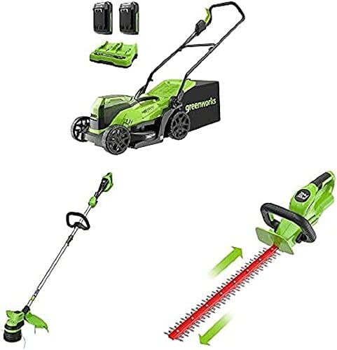 GreenWorks Tools, Tosaerba a 2 Batterie Li-Ion 24 V, Include 2 Batterie Ah e Caricatore a 2 Posti + Tagliafili, 48 V + Tagliasiepi a Batteria, 24V