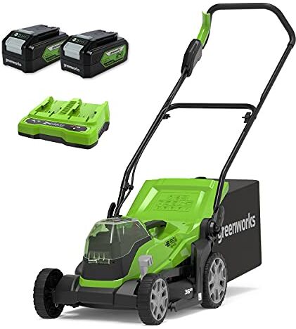 GreenWorks G24X2LM36K4X Tagliaerba a Batteria per Prati Fino a 420m², Ampiezza di Taglio 36cm, Sacca da 40L CON Due Batterie 2 x 24V (Pari a 48V) 4Ah e Caricabatterie Doppio, Garanzia 3 Anni