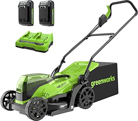 GreenWorks Tosaerba a Batteria GD24X2LM36K2x, Li-Ion Taglio 36cm fino a 200m2, Cesto 40L, Altezza Taglio 5 livelli, Due Batterie 2 x 24V 2Ah e Caricatore a Due Posti