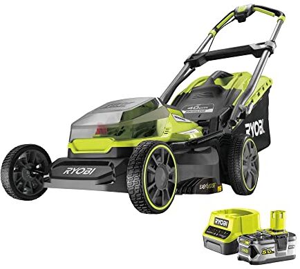 RYOBI RY18LMX40A-150 Tosaerba Brushless a Batteria 18V ONE+, per Giardini Fino a 300 m², Sacco di Raccolta 50L, Impugnatura Ergonomica Regolabile, Include Una Batteria da 5.0Ah, Taglio 40cm