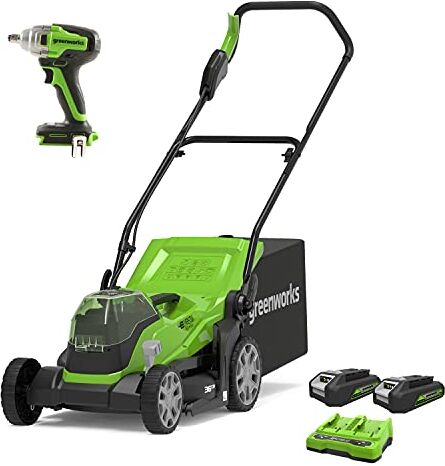 GreenWorks Tosaerba a Batteria G24X2LM36K2x, Li-Ion, 36 cm Larghezza Taglio Fino a 250 m², 5 Volte Regolazione dell'Altezza di Taglio Centrale + Tools Giravite con Percussione a Batteria