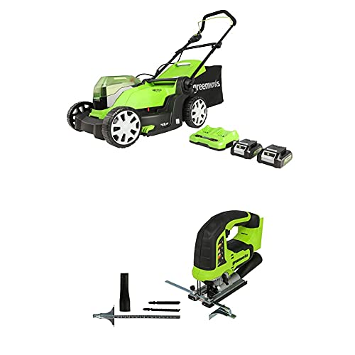 GreenWorks Tosaerba a Batteria G24X2LM41K2x, Li-Ion, 41 cm Larghezza, capacità 220m² Raccoglierba 50 L, Regolazione Altezza Taglio Centrale a 6 Pieghe + Tools 3601407 Seghe ad Affondamento, 24 V