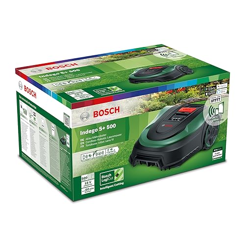 Bosch Robot rasaerba Indego S+ 500 (con batteria da 18 V e funzione app, stazione di ricarica inclusa, larghezza di taglio 19 cm, per prati fino a 500 m²), nero, verde