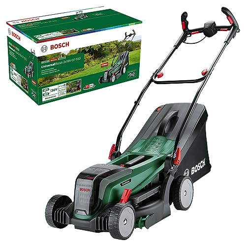 UniversalRotak Bosch Rasaerba a batteria 2x18V-37-550 (fino 500 m2 con 2 batterie da 4,0 Ah; 18 Volt System; larghezza di taglio: 37 cm; senza batterie)