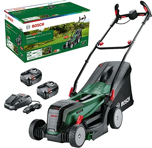 Bosch Rasaerba a batteria UniversalRotak 2x18V-37-550 (fino a 500 m2; 18 Volt System; larghezza di taglio: 37 cm; 2 batterie da 18 V 4.0 Ah e caricabatteria)