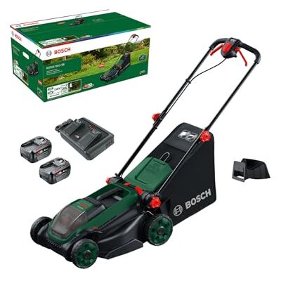Bosch Rasaerba a batteria ROTAK18V2-38 (larghezza di taglio: 38 cm, altezza di taglio: 30-75 mm, sacco raccoglierba in tessuto da 40 l, tappo per pacciame, inclusi 2 batterie da 18 V e caricabatteria) Bosch Rasaerba a batteria ROTAK18V2-38 (larghezza di taglio: 38 cm, altezza di taglio: 30-75 mm, sacco raccoglierba in tessuto da 40 l, tappo per pacciame, inclusi 2 batterie da 18 V e caricabatteria)