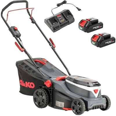 AL-KO Tosaerba a batteria 34,6 Li Comfort, larghezza di taglio 34 cm, regolazione dell'altezza di taglio centrale, per prati fino a 400 m², con 2 x 18 V (2,5 Ah) e doppio caricatore AL-KO Tosaerba a batteria 34,6 Li Comfort, larghezza di taglio 34 cm, regolazione dell'altezza di taglio centrale, per prati fino a 400 m², con 2 x 18 V (2,5 Ah) e doppio caricatore