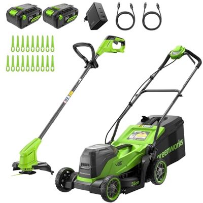 Greenworks 48V (24V x 2) Tagliaerba a batteria,larghezza di taglio 36 cm, fino a 400 m², e Tagliabordi senza fili con testa di alimentazione automatica, con 1 batteria 4Ah e caricabatteria Greenworks 48V (24V x 2) Tagliaerba a batteria,larghezza di taglio 36 cm, fino a 400 m², e Tagliabordi senza fili con testa di alimentazione automatica, con 1 batteria 4Ah e caricabatteria