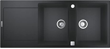 Grohe K500 Lavello in Materiale Composito con Gocciolatoio, Doppia Vasca con Gocciolatoio, Granite Black, 116 x 50 cm