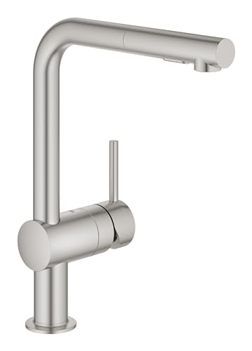 Grohe Minta – Miscelatore estraibile per lavello cucina con doppia doccetta (bocca alta a L, bocca girevole a 360°, cartuccia in ceramica da 46 mm), 328 mm, acciaio inossidabile,