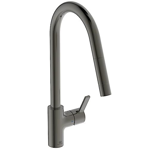 Ideal Standard Gusto, Miscelatore monocomando per lavello da cucina, Bocca alta tubolare con doccetta orientabile ed estraibile a una funzione, Magnetic grey