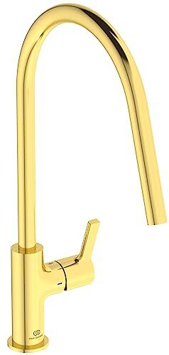 Ideal Standard Gusto, Miscelatore monocomando per lavello da cucina, Bocca alta tubolare orientabile, Brushed Gold