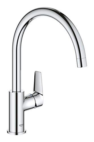 Grohe BauEdge – Miscelatore da cucina monocomando (installazione monoblocco, bocca alta, area di rotazione 360˚, cartuccia in ceramica da 28 mm), dimensioni 332 mm, cromato,