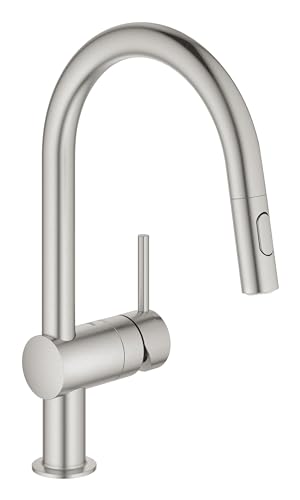 Grohe Minta – Miscelatore cucina con doccetta estraibile (2 getti, bocca a C alta, angolo di rotazione a 360°, cartuccia in ceramica da 46 mm), dimensione 379 mm, Supersteel,