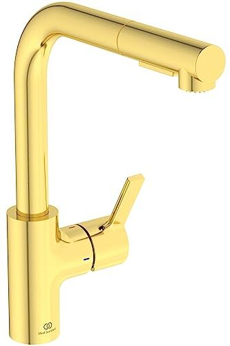 Ideal Standard Gusto, Miscelatore monocomando per lavello da cucina, Bocca ad L tubolare con doccetta orientabile ed estraibile a due funzioni, Brushed Gold