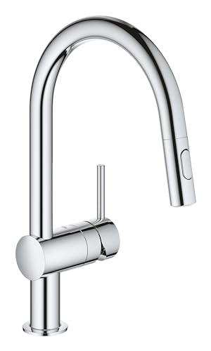 Grohe Minta Miscelatore per lavello cucina con doccetta estraibile (2 opzioni di getto, ugelli in silicone, bocca alta, angolo di rotazione 360°, 379 mm), cromo,