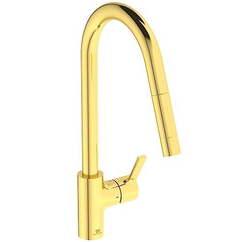 Ideal Standard Gusto, Miscelatore monocomando per lavello da cucina, Bocca alta tubolare con doccetta orientabile ed estraibile a una funzione, Brushed Gold