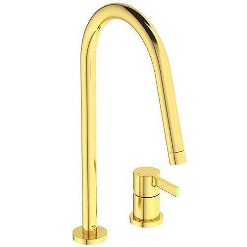 Ideal Standard Gusto, Miscelatore monocomando per lavello da cucina a due fori, Bocca alta tubolare orientabile, Brushed Gold