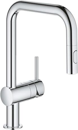 Grohe Minta Miscelatore per lavello cucina con doccetta estraibile (2 getti, bocca a U, raggio di rotazione a 360°, cartuccia in ceramica da 46 mm, attacchi da 3/8 pollici), 353 mm, cromo,