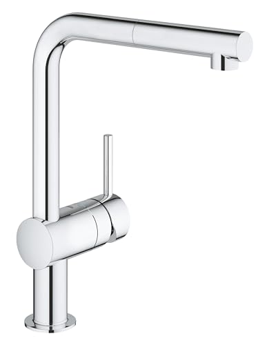 Grohe Minta – Rubinetto da cucina a bassa pressione con doccetta estraibile (bocca a L 328 mm, raggio di rotazione 360°, cartuccia in ceramica 46 mm, attacchi 3/8 pollici), Cromo,