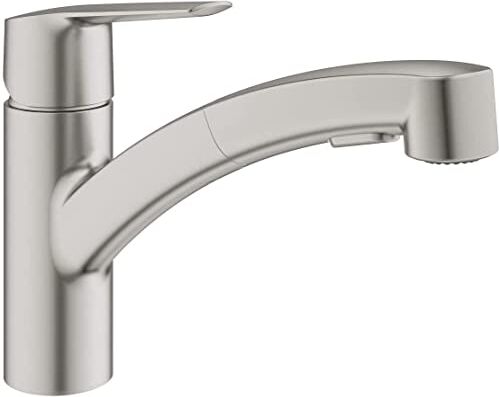 Grohe QuickFix Rubinetto da cucina, linea Start   doccetta estraibile   sistema di fissaggio rapido   montaggio facile e veloce   Miscelatore lavello satinato