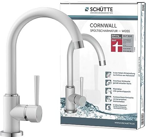 SCHÜTTE CORNWALL  Rubinetto da cucina con funzione di risparmio energetico, girevole a 360°, ideale anche per lavelli doppii, colore: Bianco