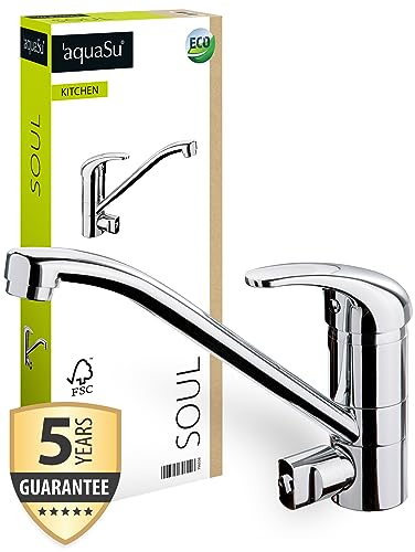 AquaSu ® Rubinetto per lavello con attacco dispositivo Soul, miscelatore monocomando con cartuccia a risparmio acqua, rubinetto per lavello, beccuccio orientabile, fissaggio standard, nucleo in ottone,