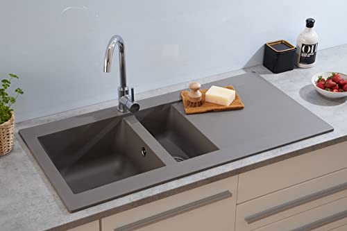 respekta lavello da cucina Denver in mineralite color grigio cemento / Lavello da incasso a 1,5 vasche, dimensioni 100 x 50 cm / Lavello adatto per mobili sottolavello da 60 cm di larghezza