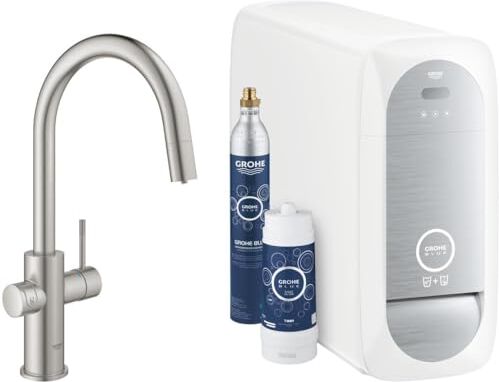 Grohe Blue Home Rubinetto per Lavello Cucina, Bocca a"C", con Doccetta Estraibile, Satinato, Filtro Acqua Incluso