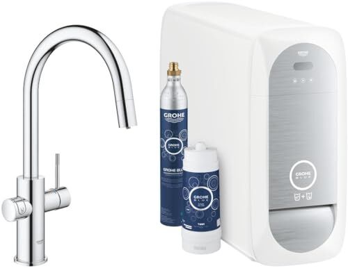 Grohe Blue Home Rubinetto per Lavello Cucina, Bocca a"C", con Doccetta Estraibile, Cromo e Filtro Acqua Incluso